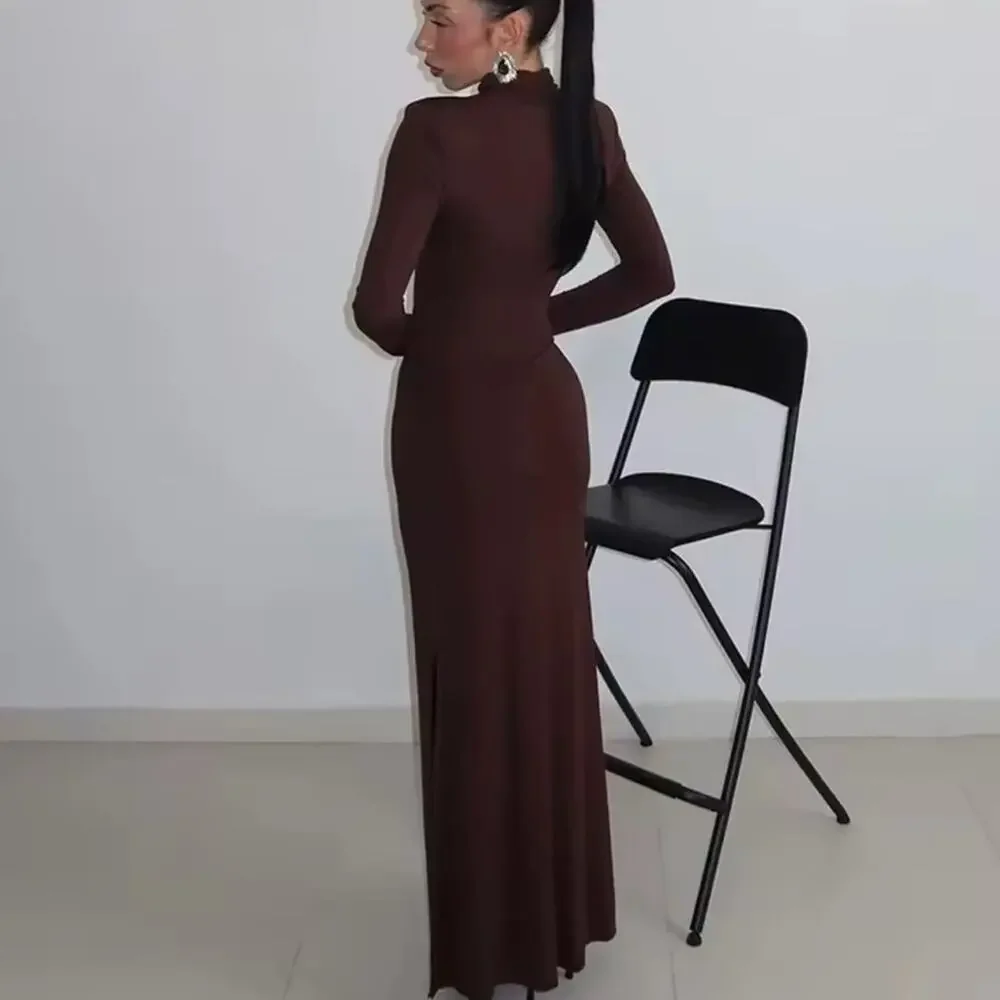 Long Sleeve Cutout Maxi Dress in Dark Brown - Picture 2 of 5